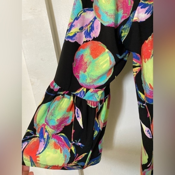 PAPPAGALLO popover blouse multicolored bright fruit print tassels tie front - Picture 5 of 11